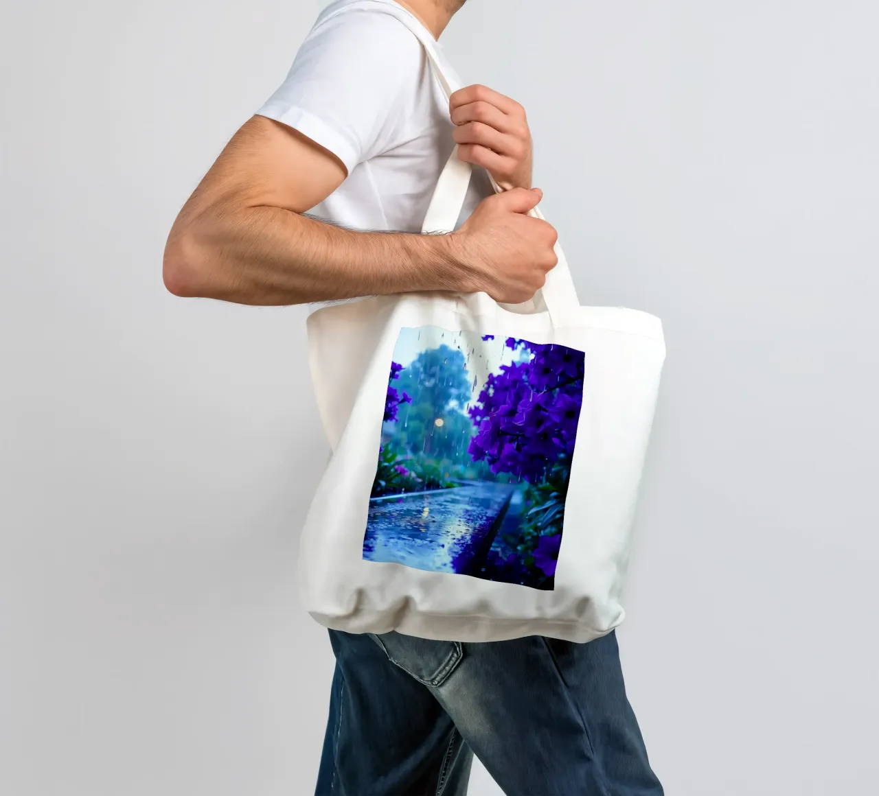 fiori viola circondati da gocce di pioggia, in una tranquilla borsa in juta da DesignDoodle