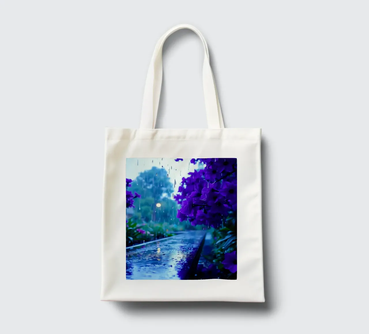 fiori viola circondati da gocce di pioggia, in una tranquilla borsa in juta da DesignDoodle