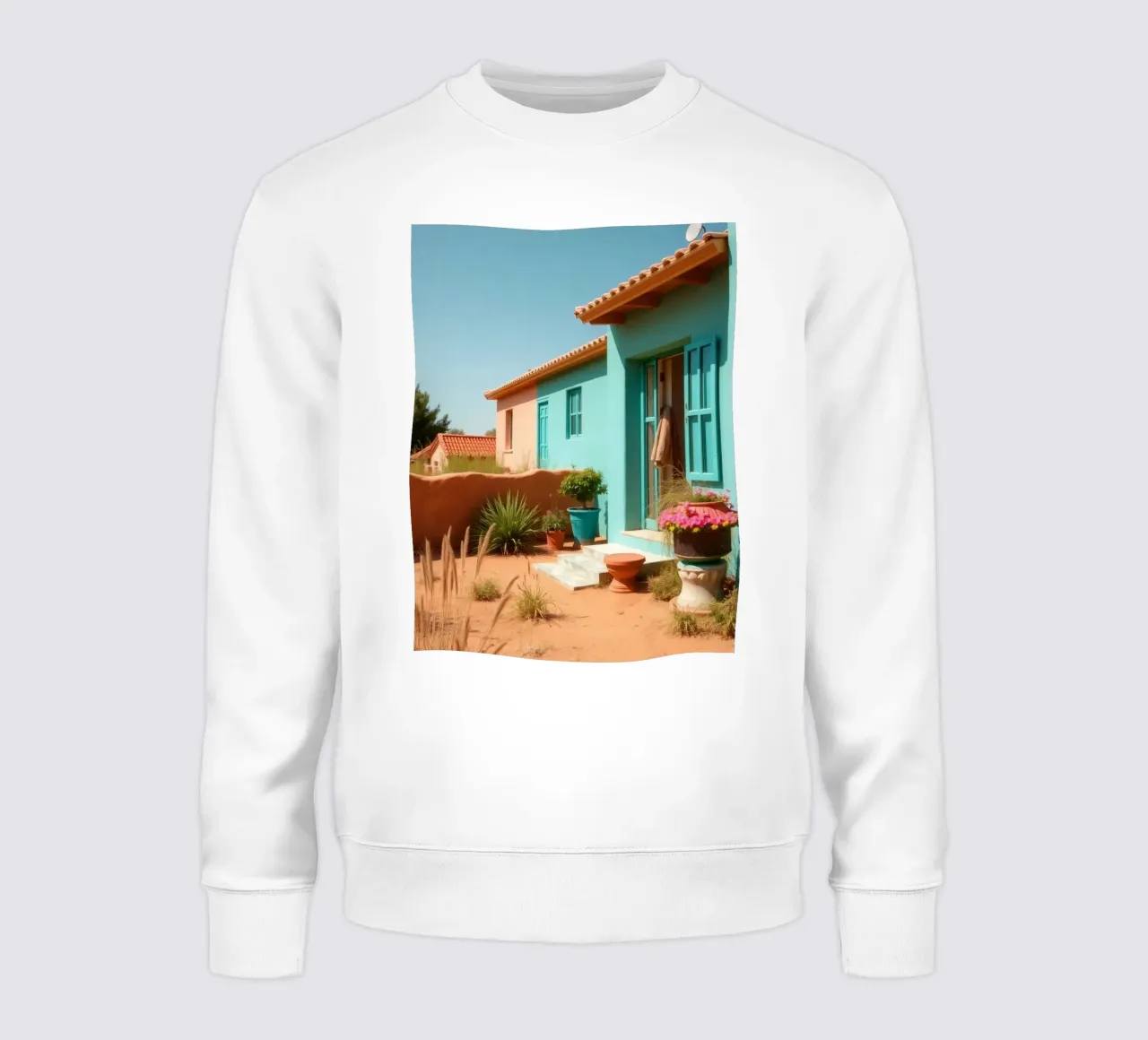 Casa dai colori vivaci con giardino in un soleggiato paesaggio desertico felpa da DesignDoodle