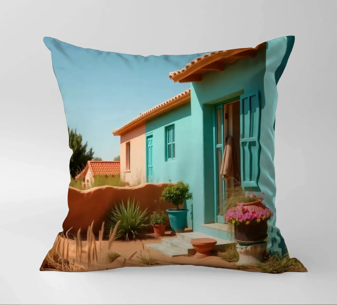 Casa dai colori vivaci con giardino in un soleggiato paesaggio desertico cuscino da DesignDoodle