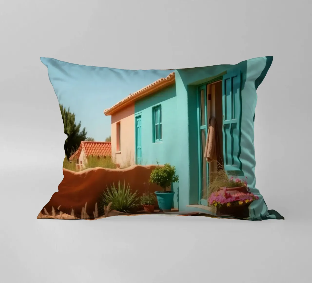 Casa dai colori vivaci con giardino in un soleggiato paesaggio desertico cuscino da DesignDoodle