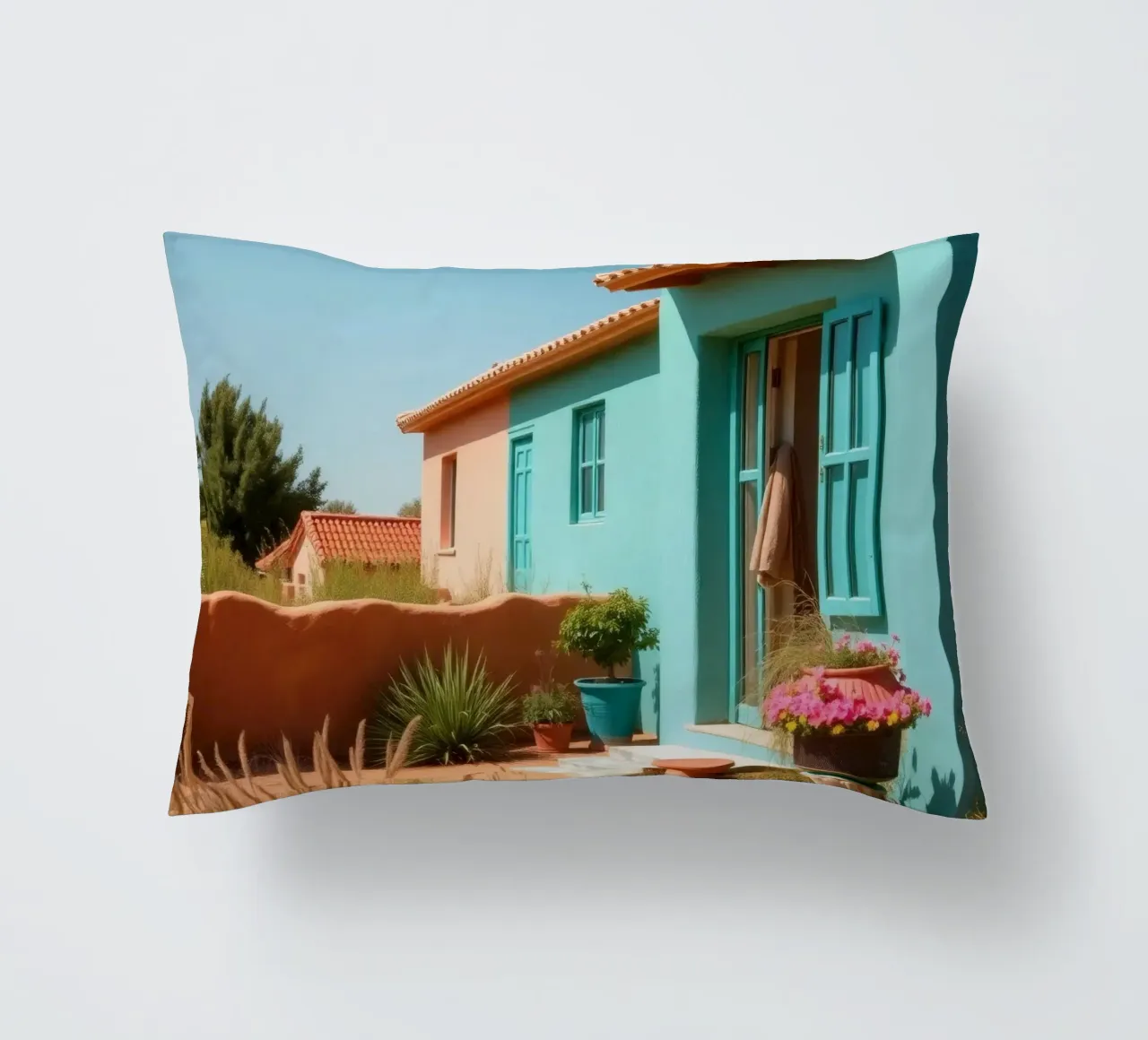 Casa dai colori vivaci con giardino in un soleggiato paesaggio desertico cuscino da DesignDoodle