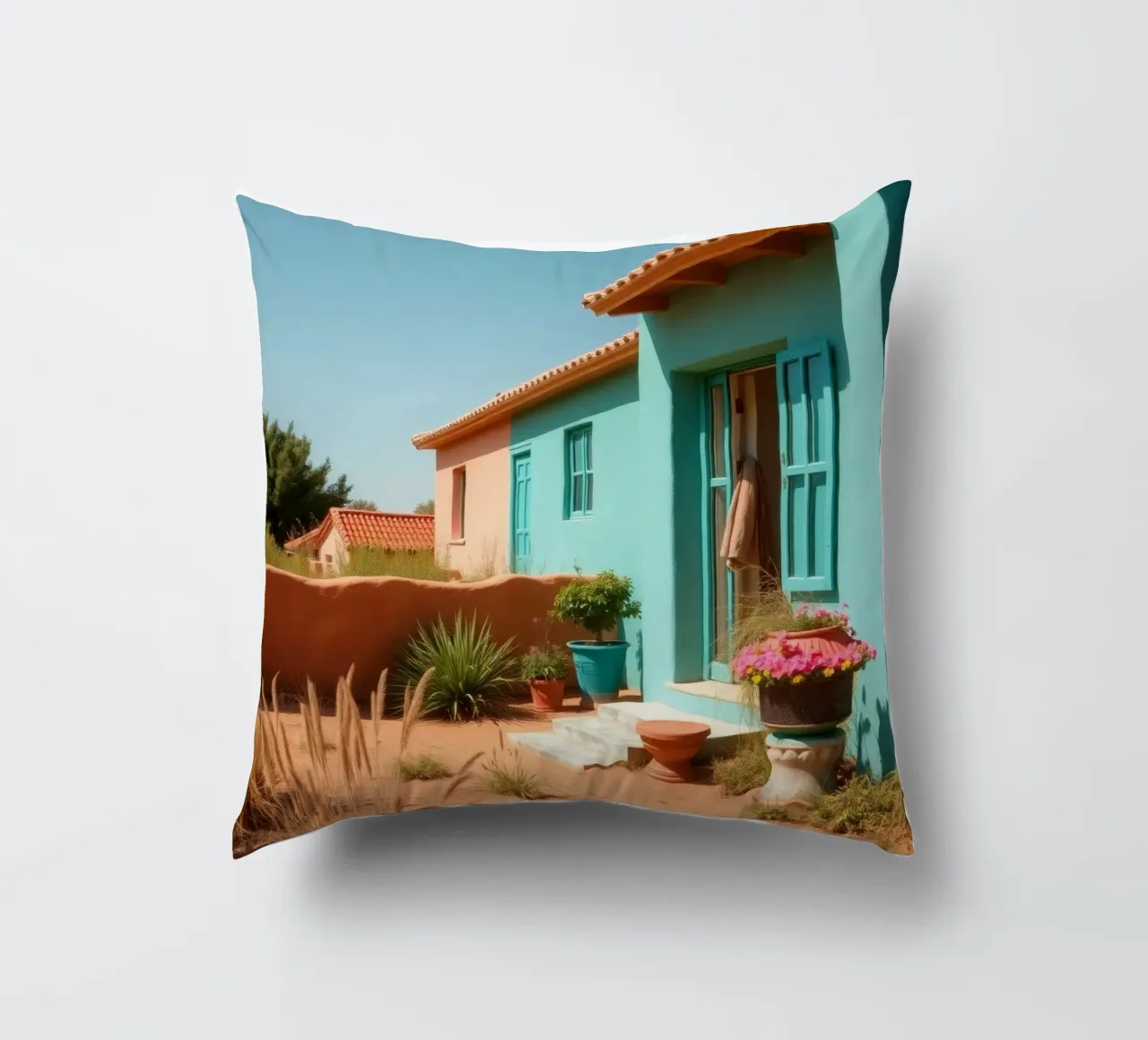Casa dai colori vivaci con giardino in un soleggiato paesaggio desertico cuscino da DesignDoodle