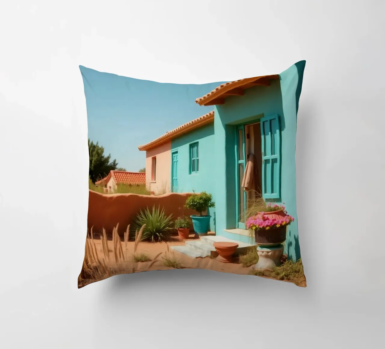 Casa dai colori vivaci con giardino in un soleggiato paesaggio desertico cuscino da DesignDoodle