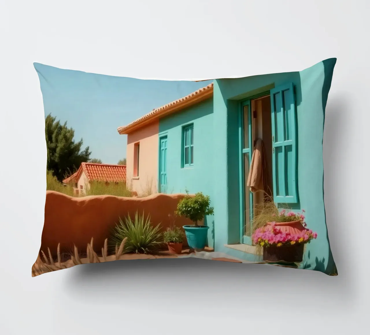 Casa dai colori vivaci con giardino in un soleggiato paesaggio desertico cuscino da DesignDoodle
