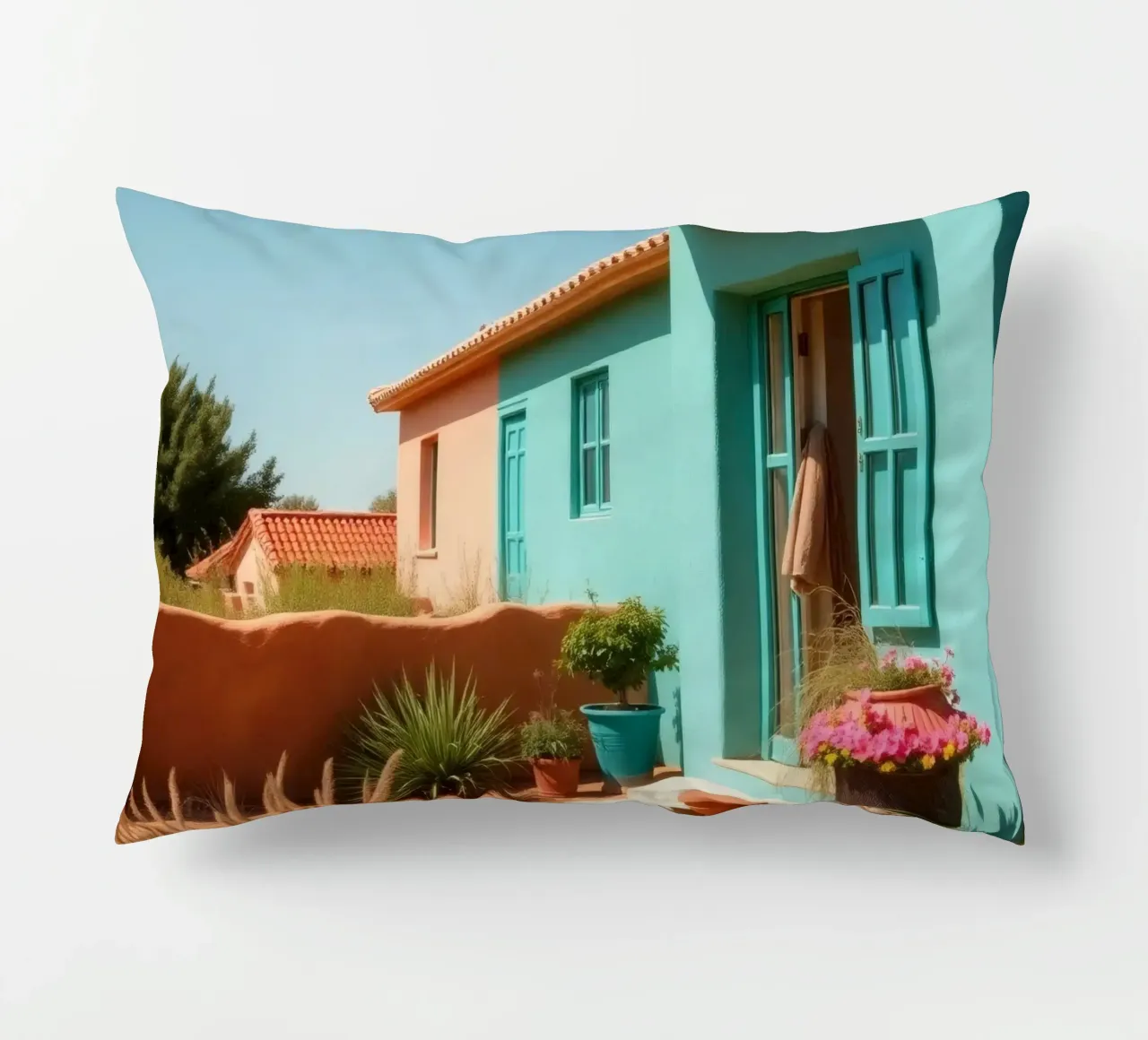 Casa dai colori vivaci con giardino in un soleggiato paesaggio desertico cuscino da DesignDoodle