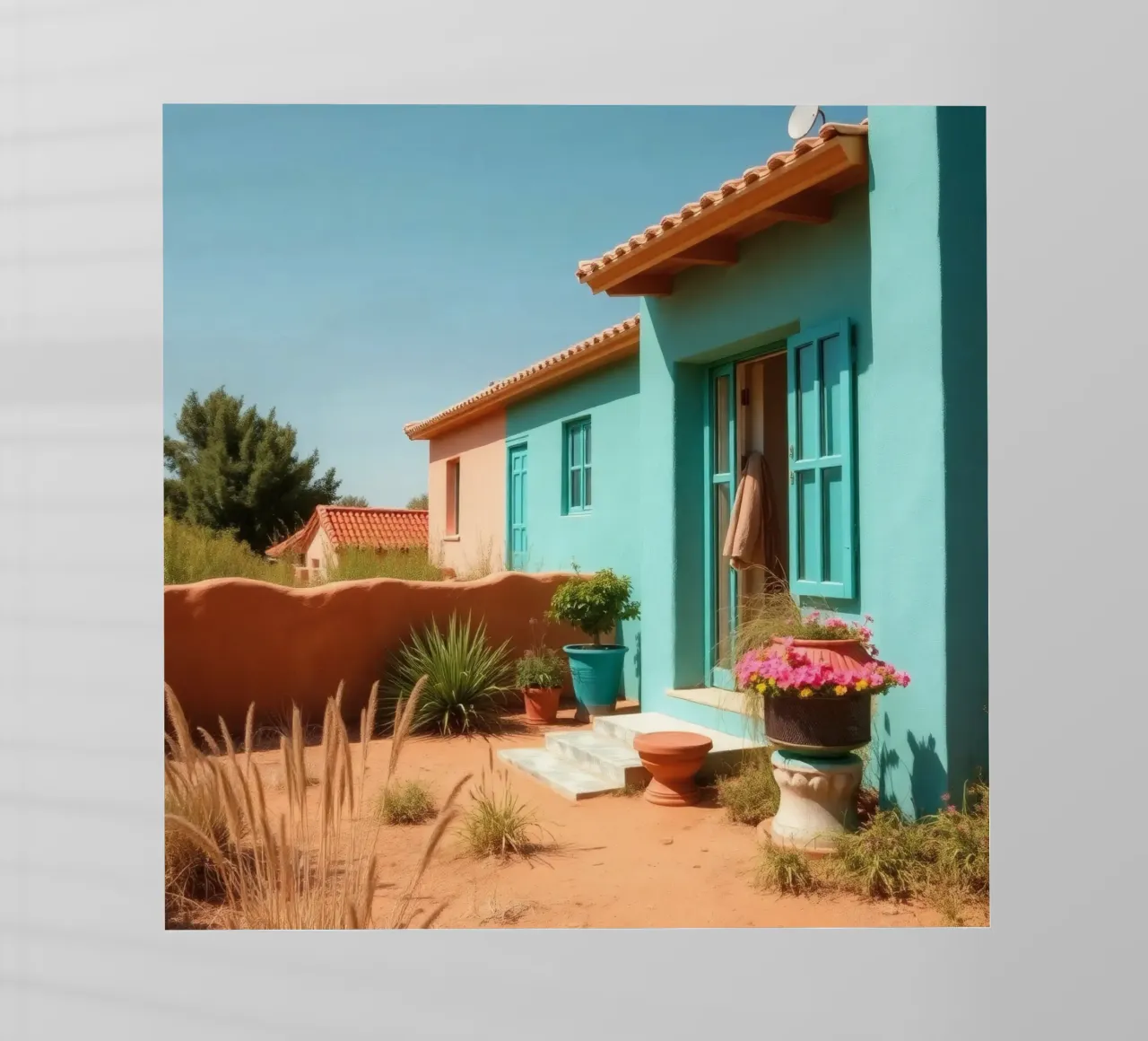 Casa dai colori vivaci con giardino in un soleggiato paesaggio desertico pellicola backlit da DesignDoodle