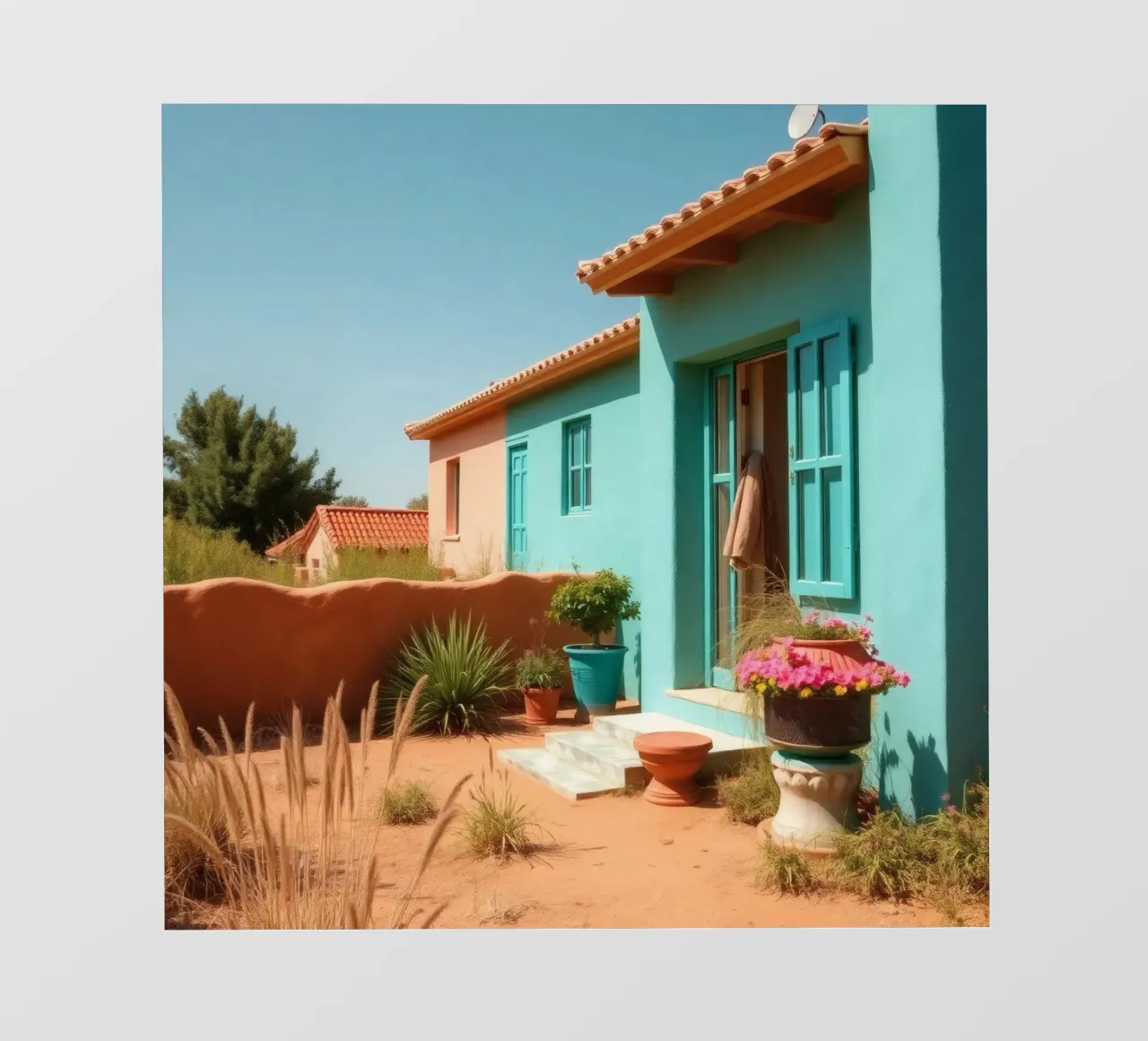 Casa dai colori vivaci con giardino in un soleggiato paesaggio desertico pellicola backlit da DesignDoodle
