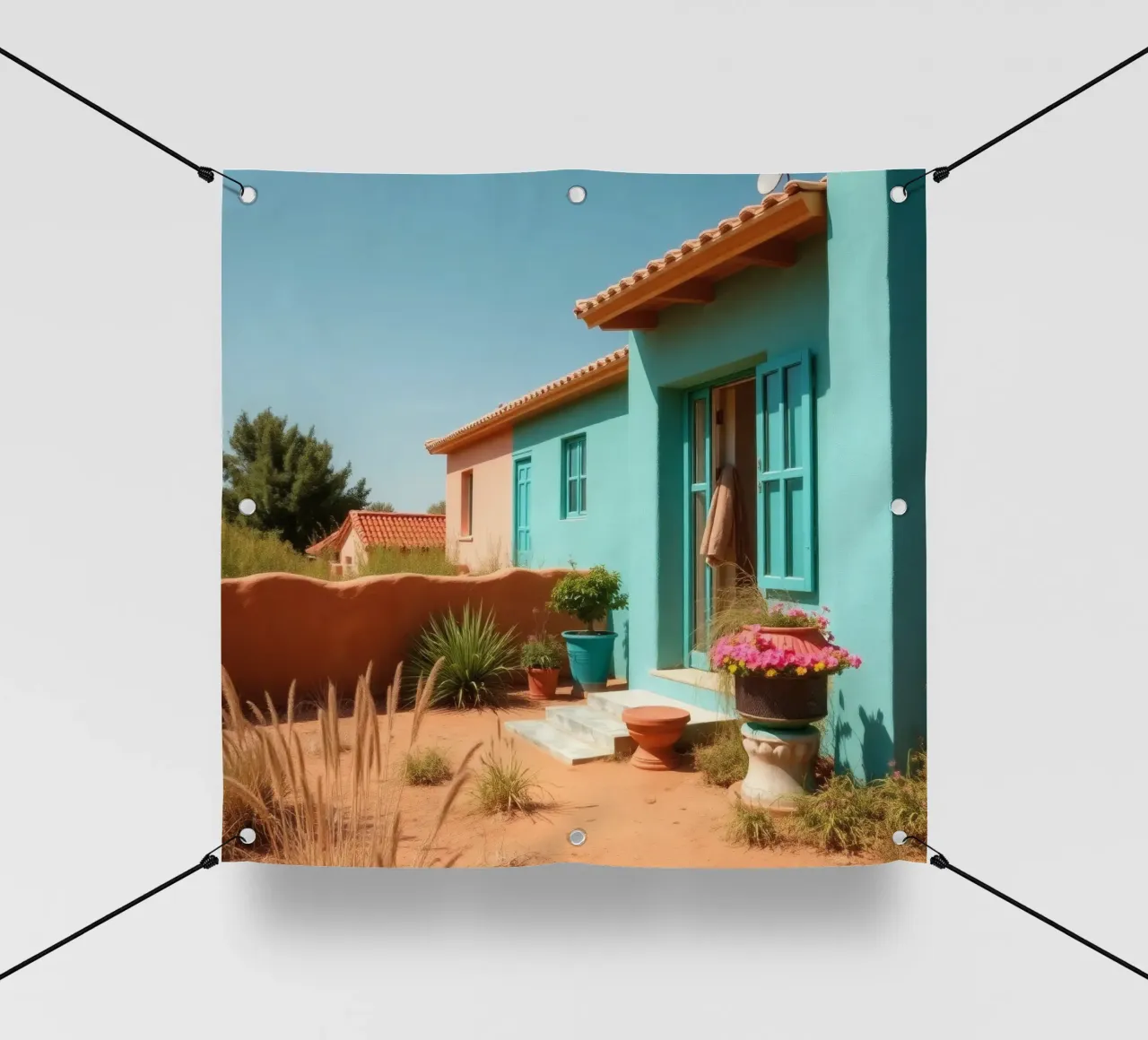 Casa dai colori vivaci con giardino in un soleggiato paesaggio desertico telo in pvc da DesignDoodle