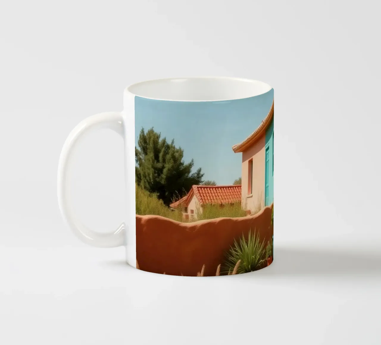 Casa dai colori vivaci con giardino in un soleggiato paesaggio desertico tazza in ceramica da DesignDoodle