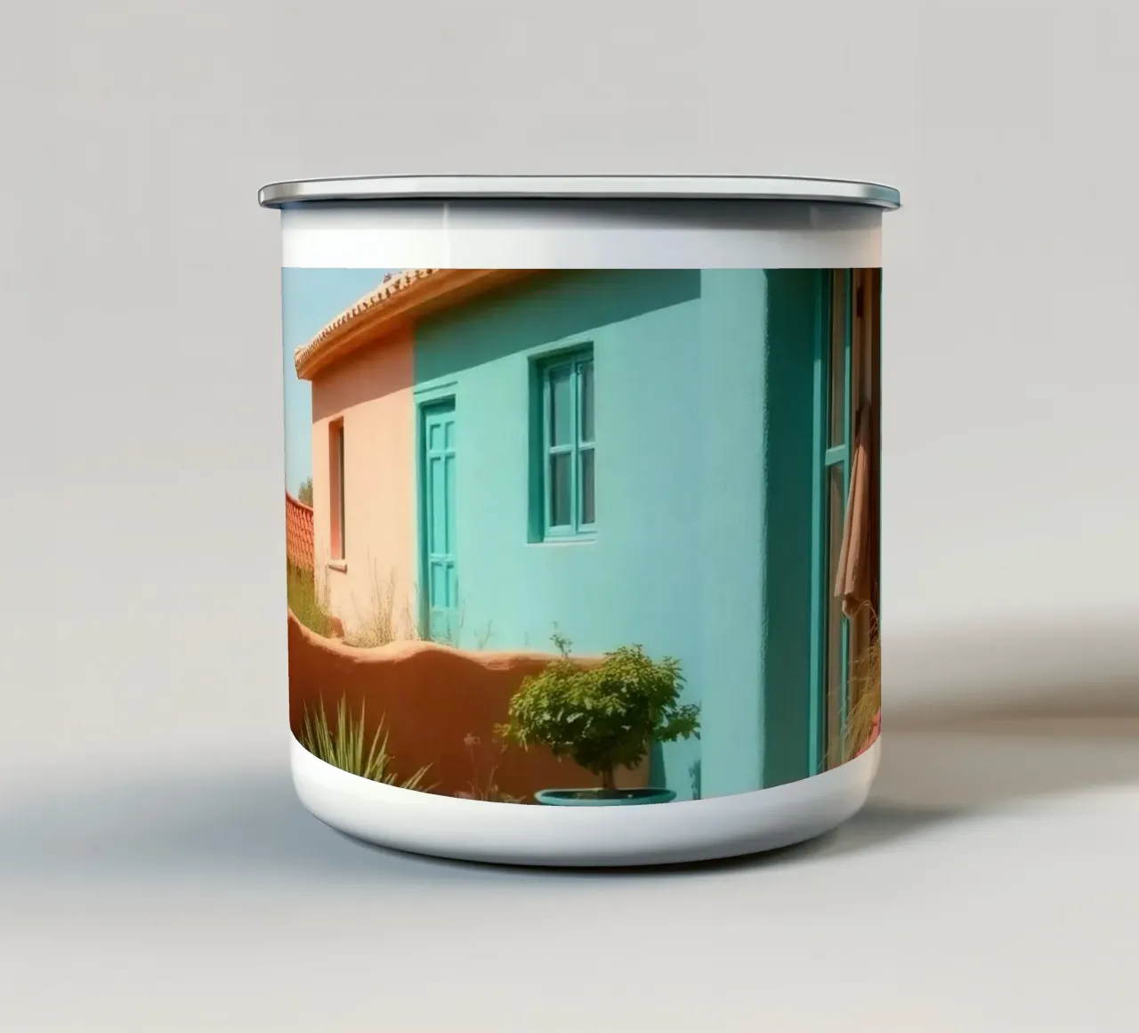 Casa dai colori vivaci con giardino in un soleggiato paesaggio desertico tazza in smalto da DesignDoodle
