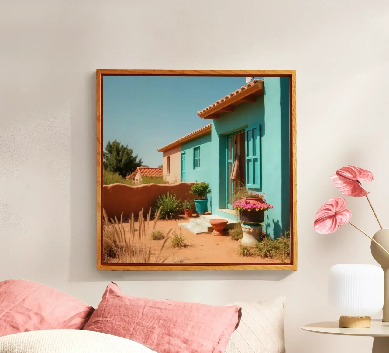 Brightly colored house with garden in sunny desert landscape acrylic glass by DesignDoodle