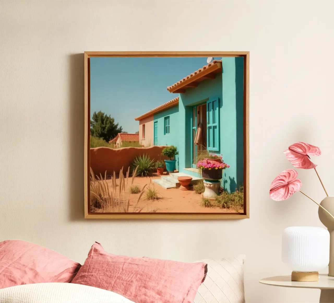 Casa dai colori vivaci con giardino in un soleggiato paesaggio desertico tela con Cornice a cassetta da DesignDoodle