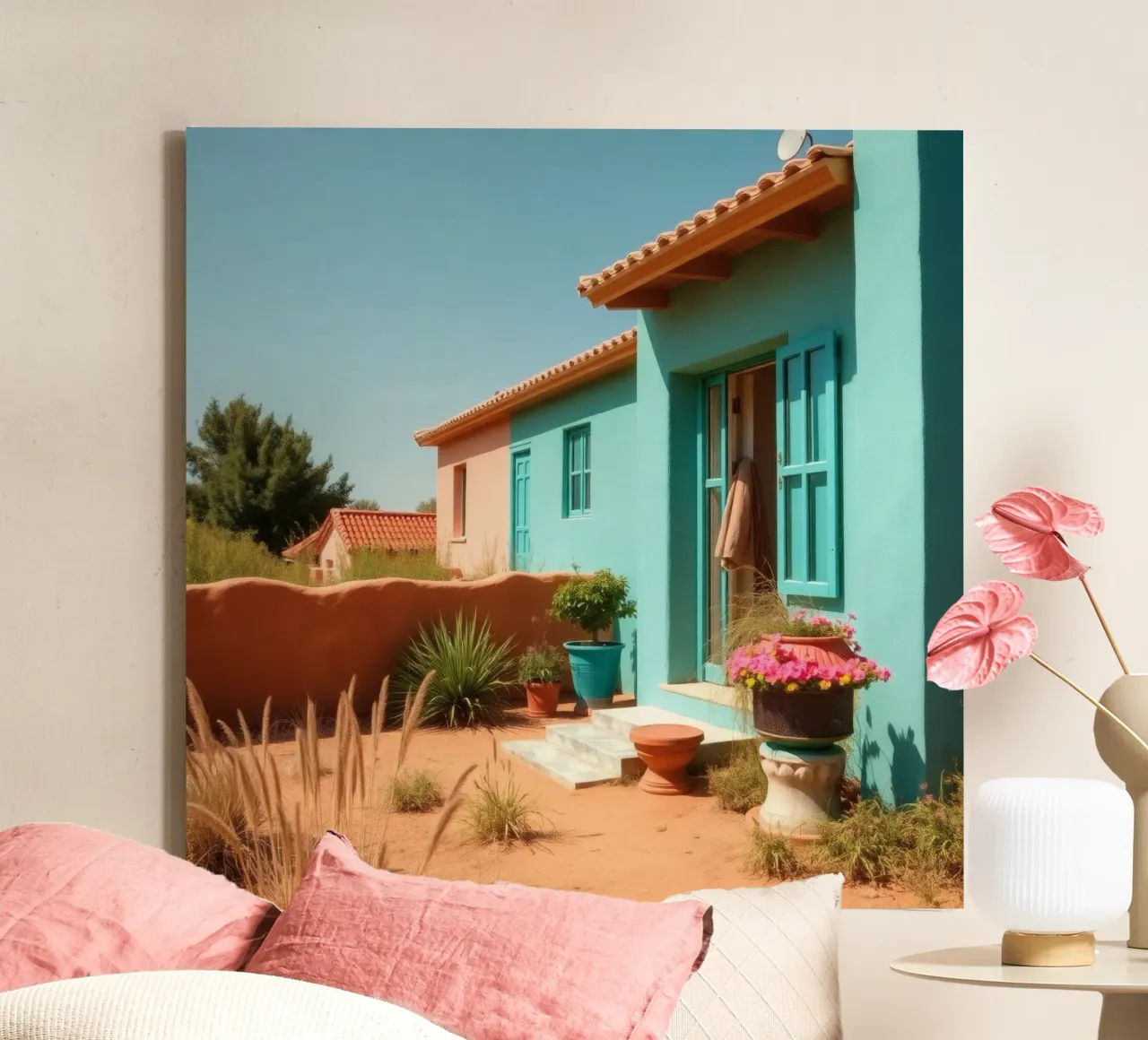 Casa dai colori vivaci con giardino in un soleggiato paesaggio desertico tela con Cornice a cassetta da DesignDoodle
