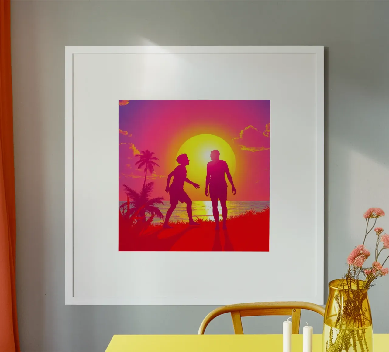 Amigos disfrutando de la puesta de sol en una playa tropical poster de DesignDoodle