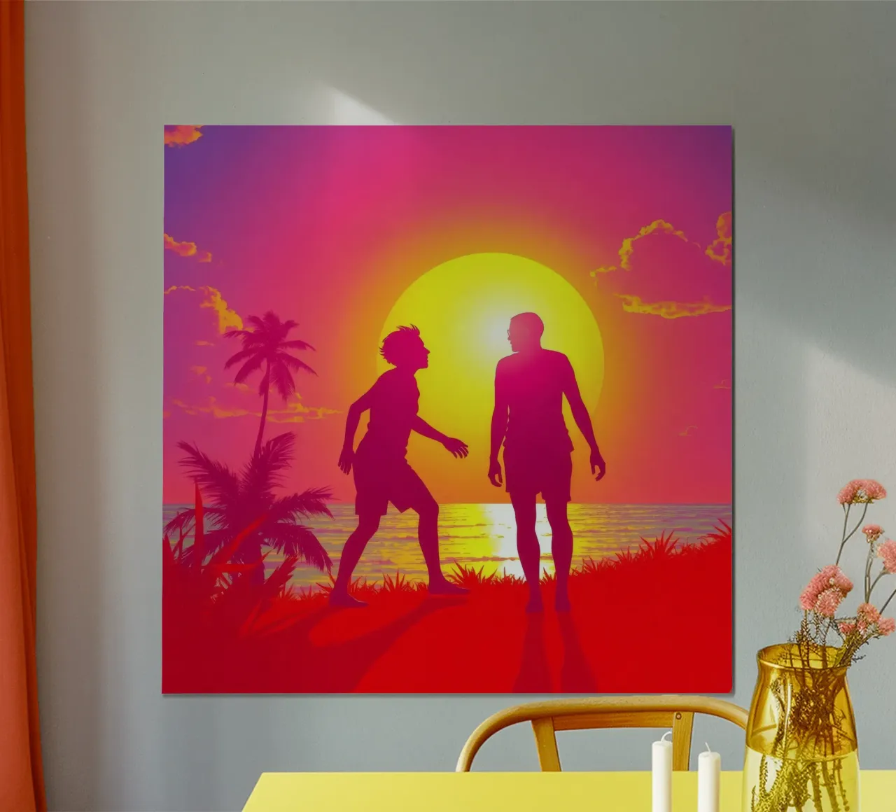Amigos disfrutando de la puesta de sol en una playa tropical poster de DesignDoodle
