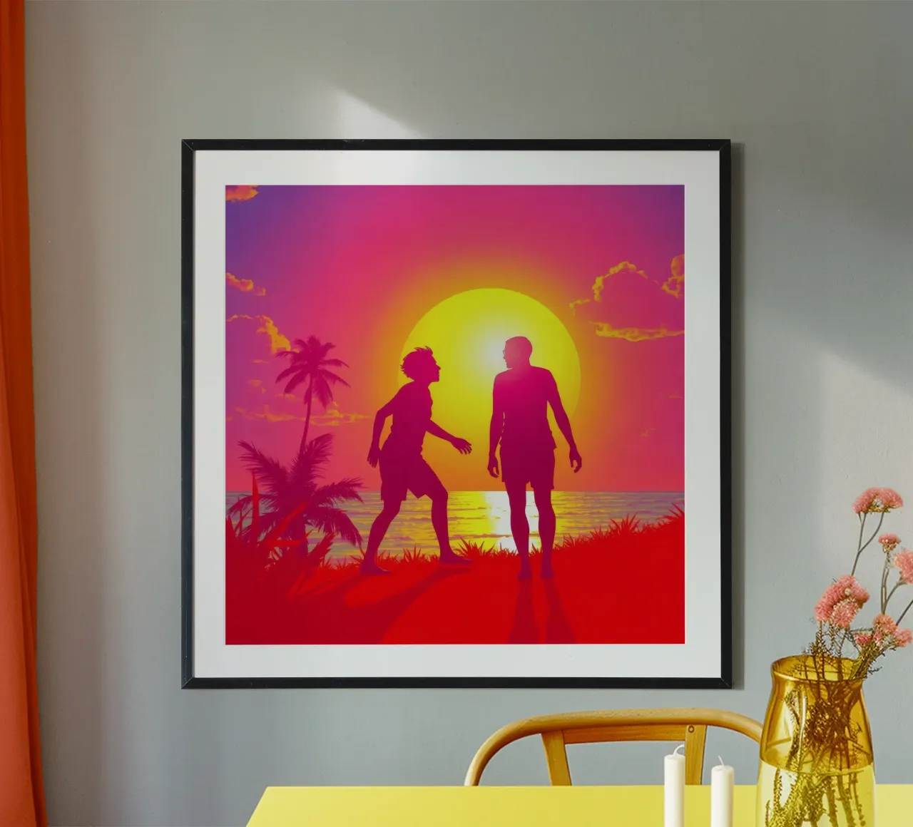 Amigos disfrutando de la puesta de sol en una playa tropical poster de DesignDoodle