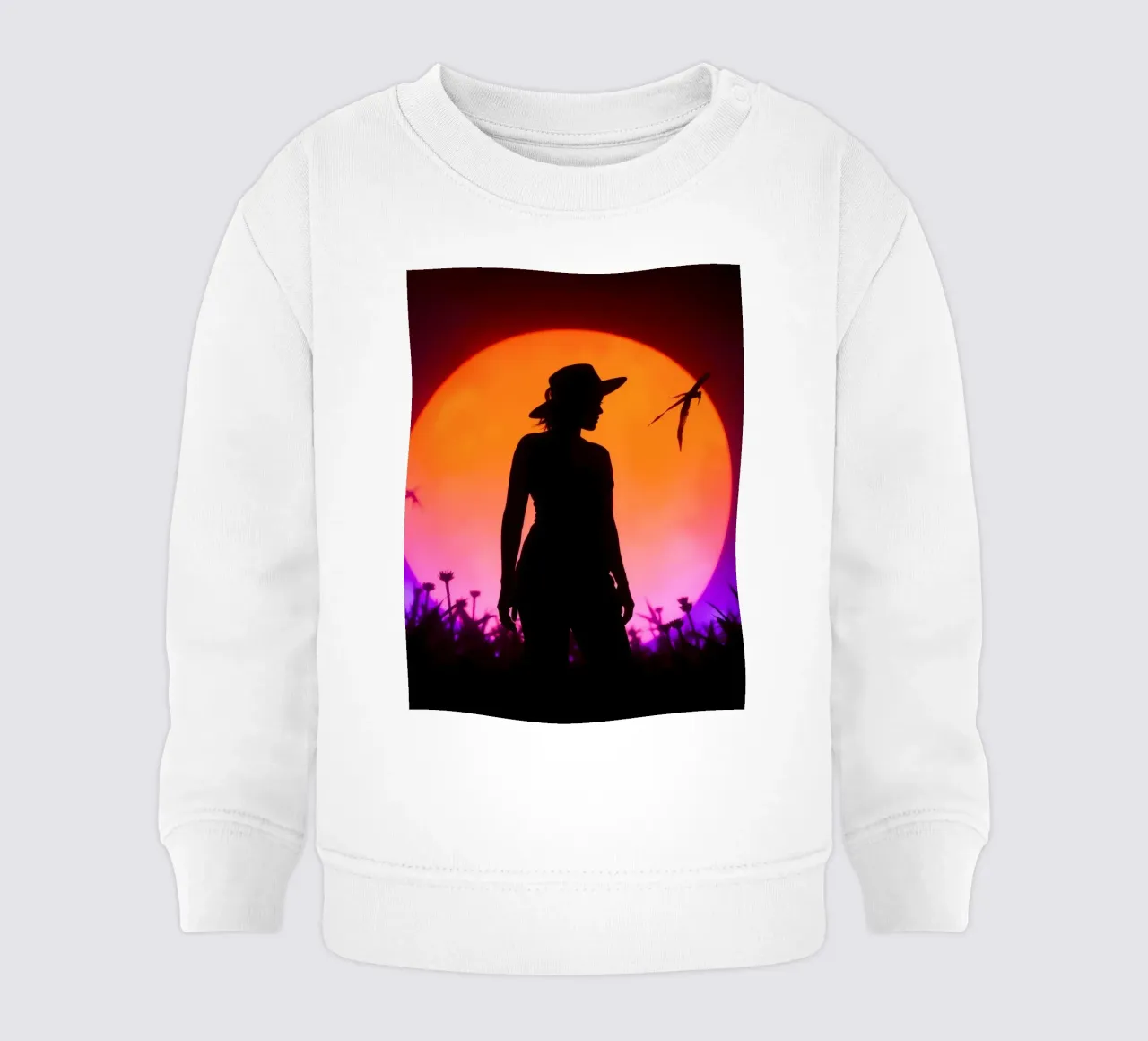 Silhouette of a woman in a hat, sunset with flying insects baby sweatshirt by DesignDoodle