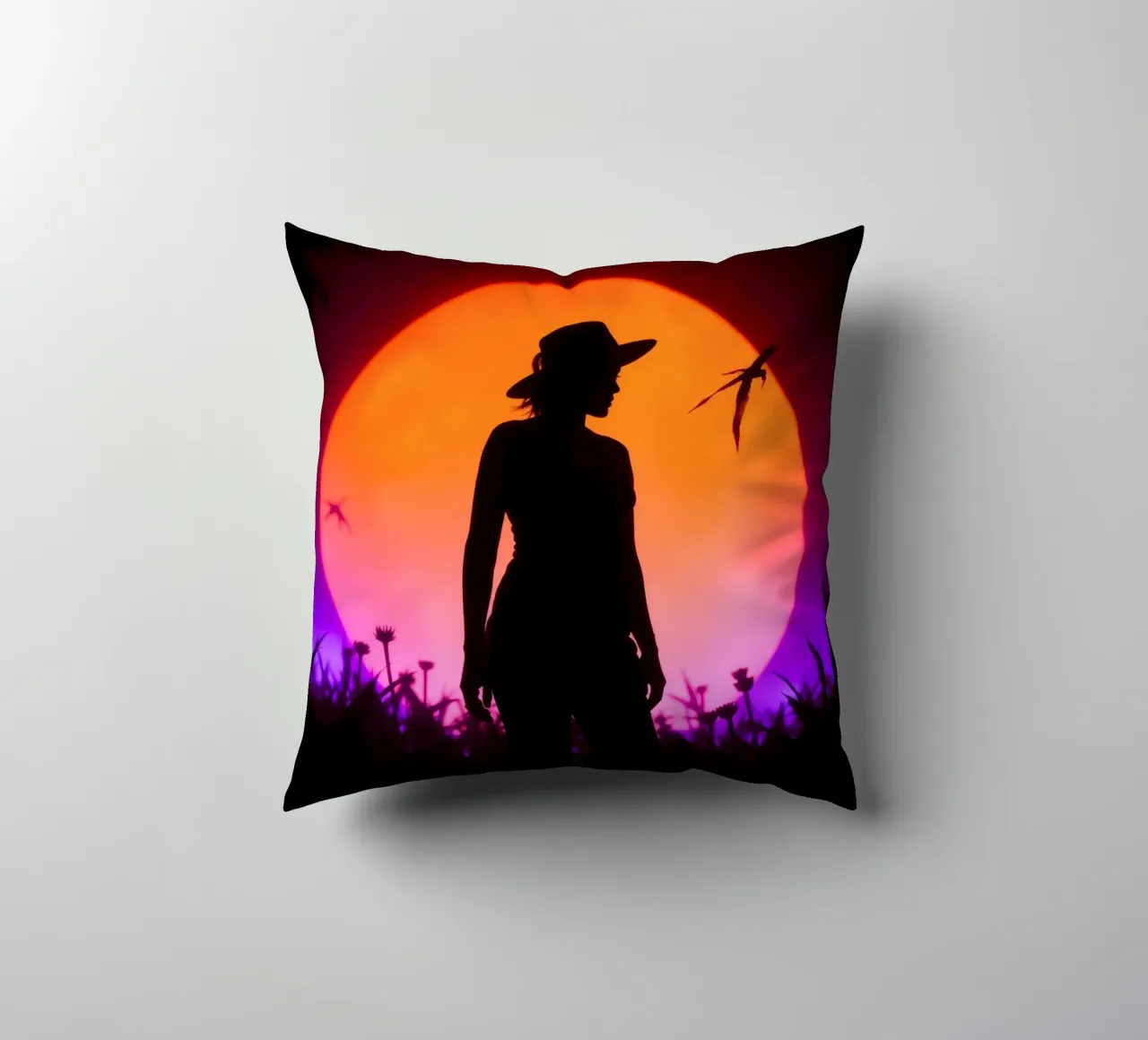 Silhouette di donna con cappello, tramonto con insetti volanti cuscino da DesignDoodle