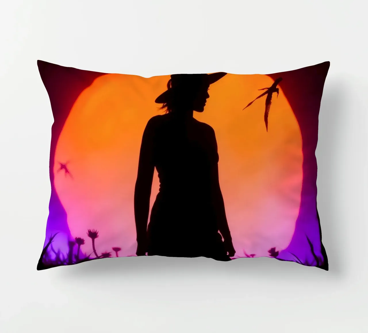 Silhouette di donna con cappello, tramonto con insetti volanti cuscino da DesignDoodle