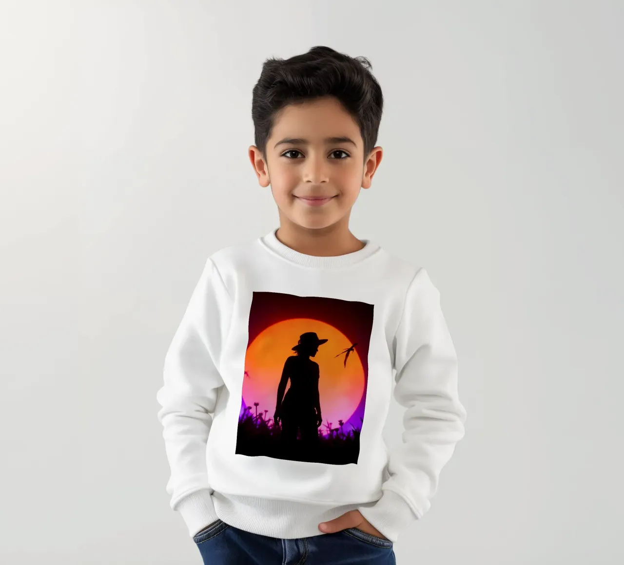Silhouette of a woman in a hat, sunset with flying insects kids sweatshirt by DesignDoodle