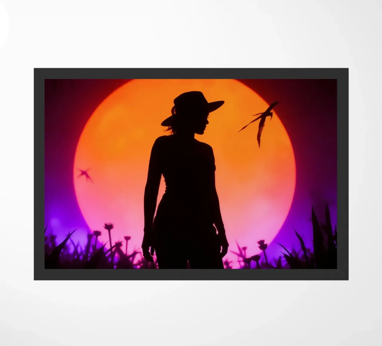 Silhouette di donna con cappello, tramonto con insetti volanti zerbino da DesignDoodle