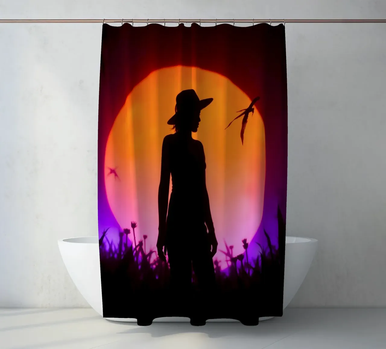 Silhouette of a woman in a hat, sunset with flying insects shower curtain by DesignDoodle