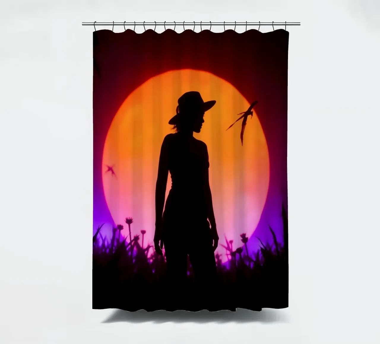Silhouette of a woman in a hat, sunset with flying insects shower curtain by DesignDoodle