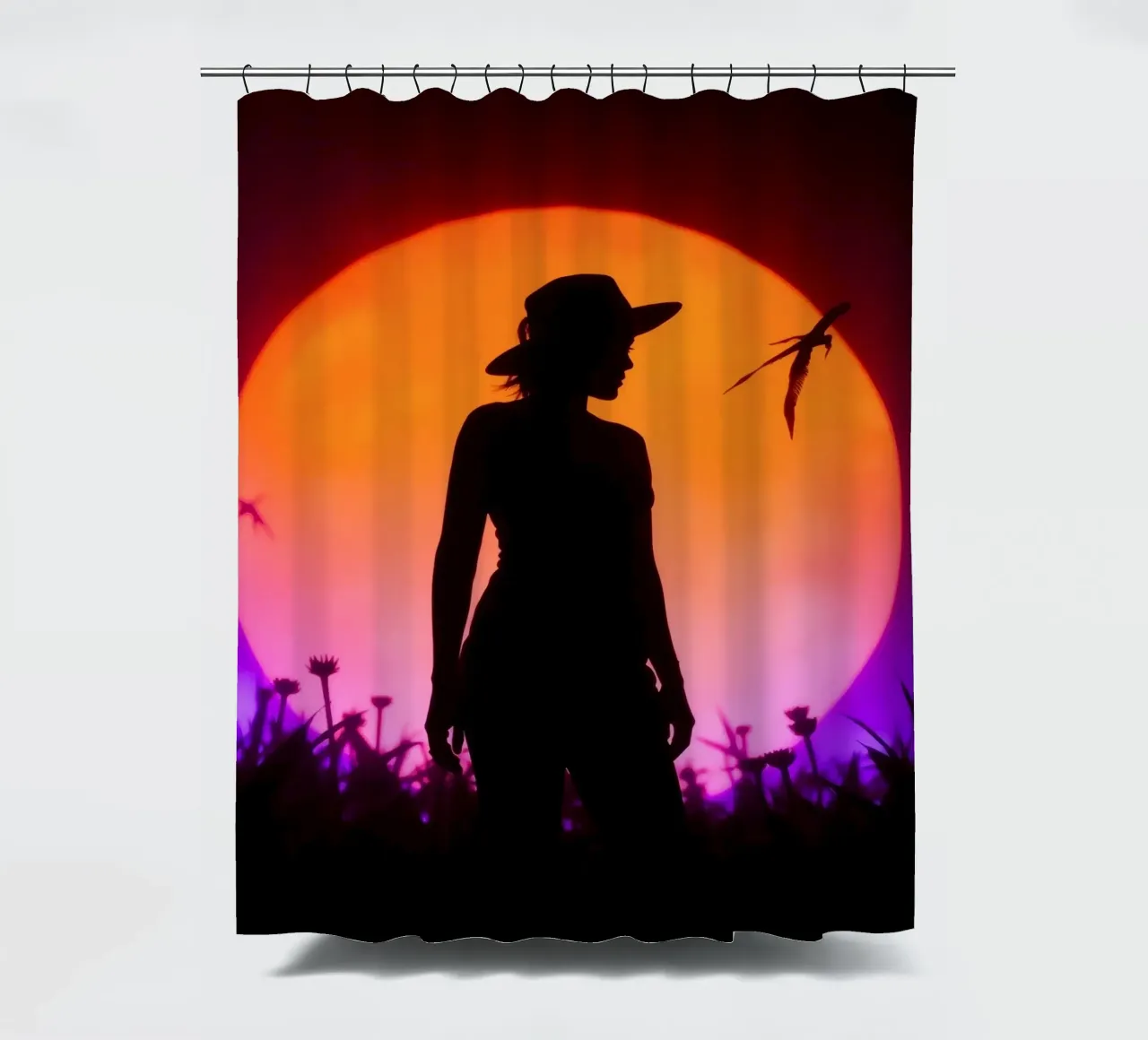 Silhouette of a woman in a hat, sunset with flying insects shower curtain by DesignDoodle