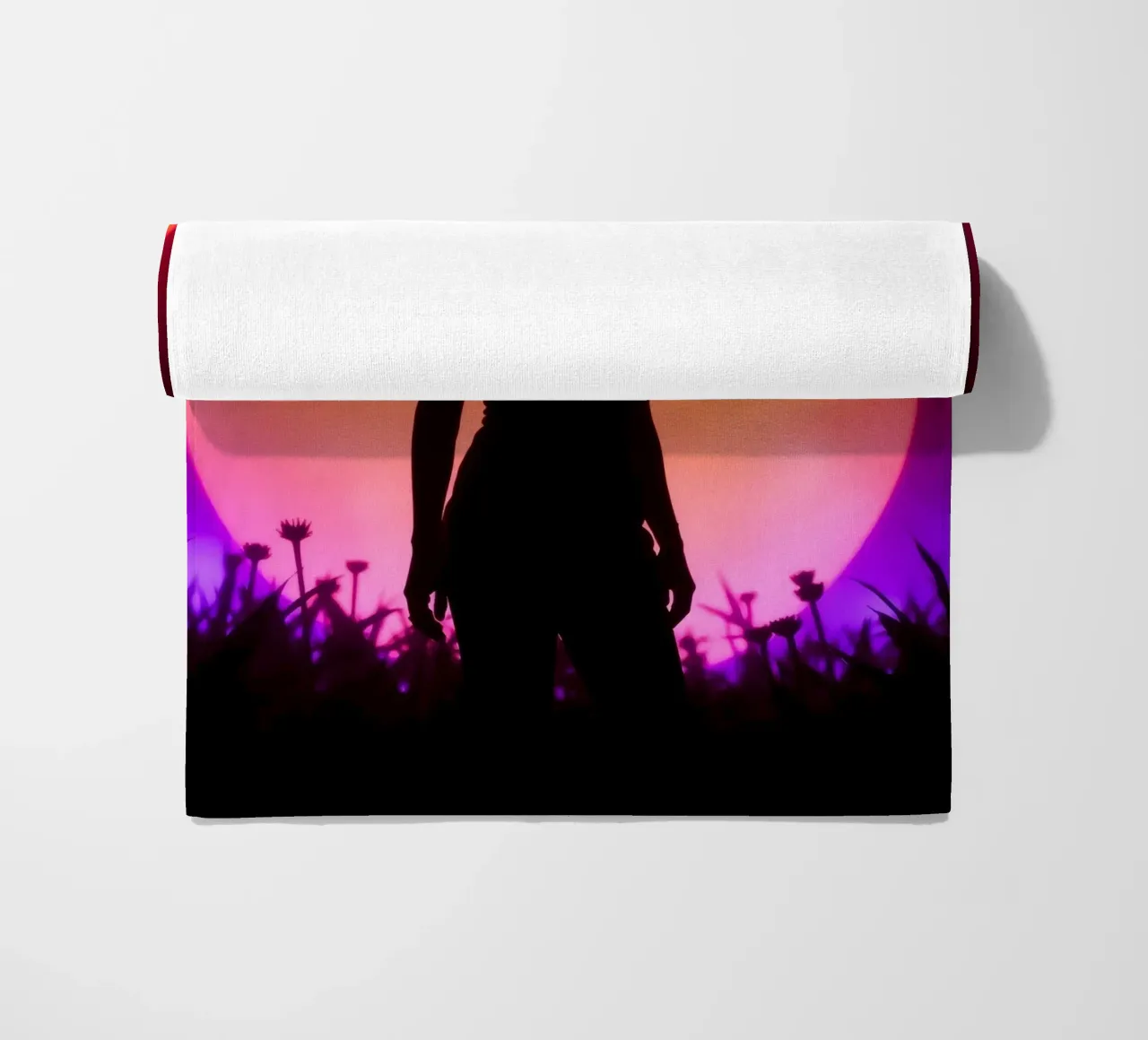 Silhouette of a woman in a hat, sunset with flying insects beach towel by DesignDoodle