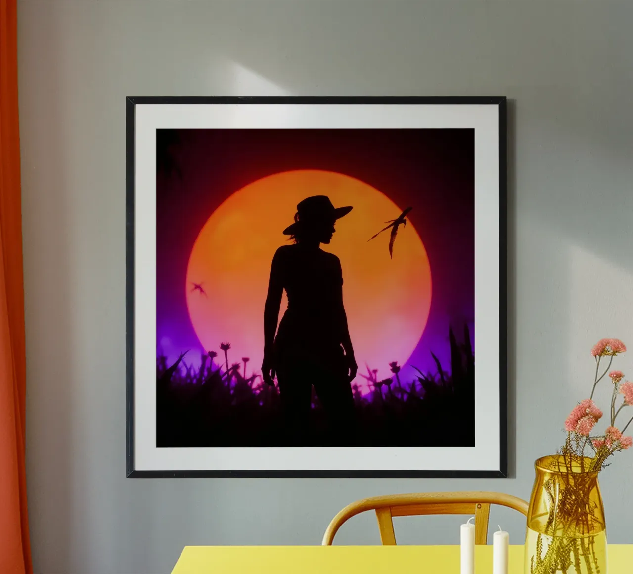 Silhouette of a woman in a hat, sunset with flying insects hahnemühle by DesignDoodle