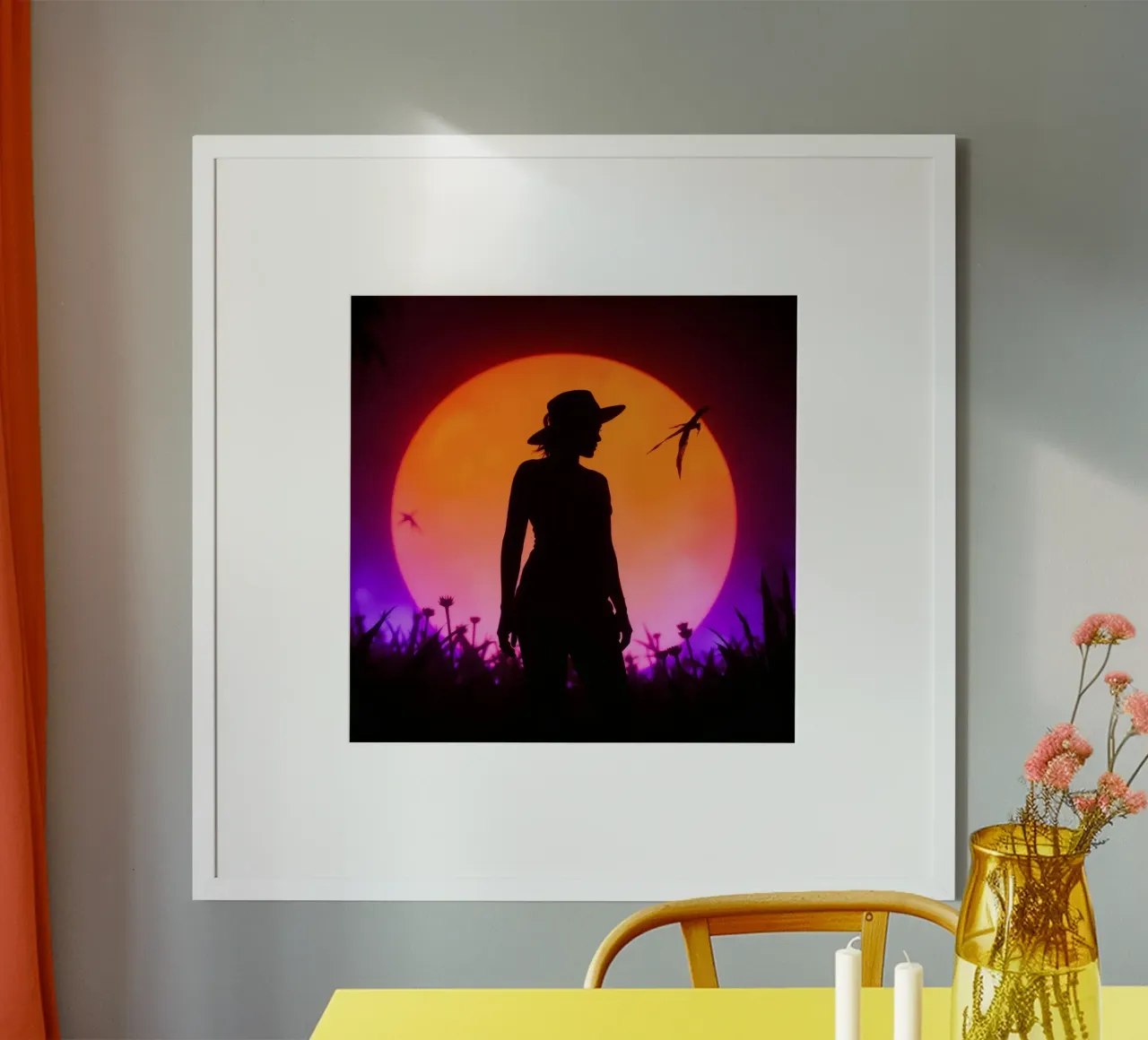 Silhouette of a woman in a hat, sunset with flying insects hahnemühle by DesignDoodle
