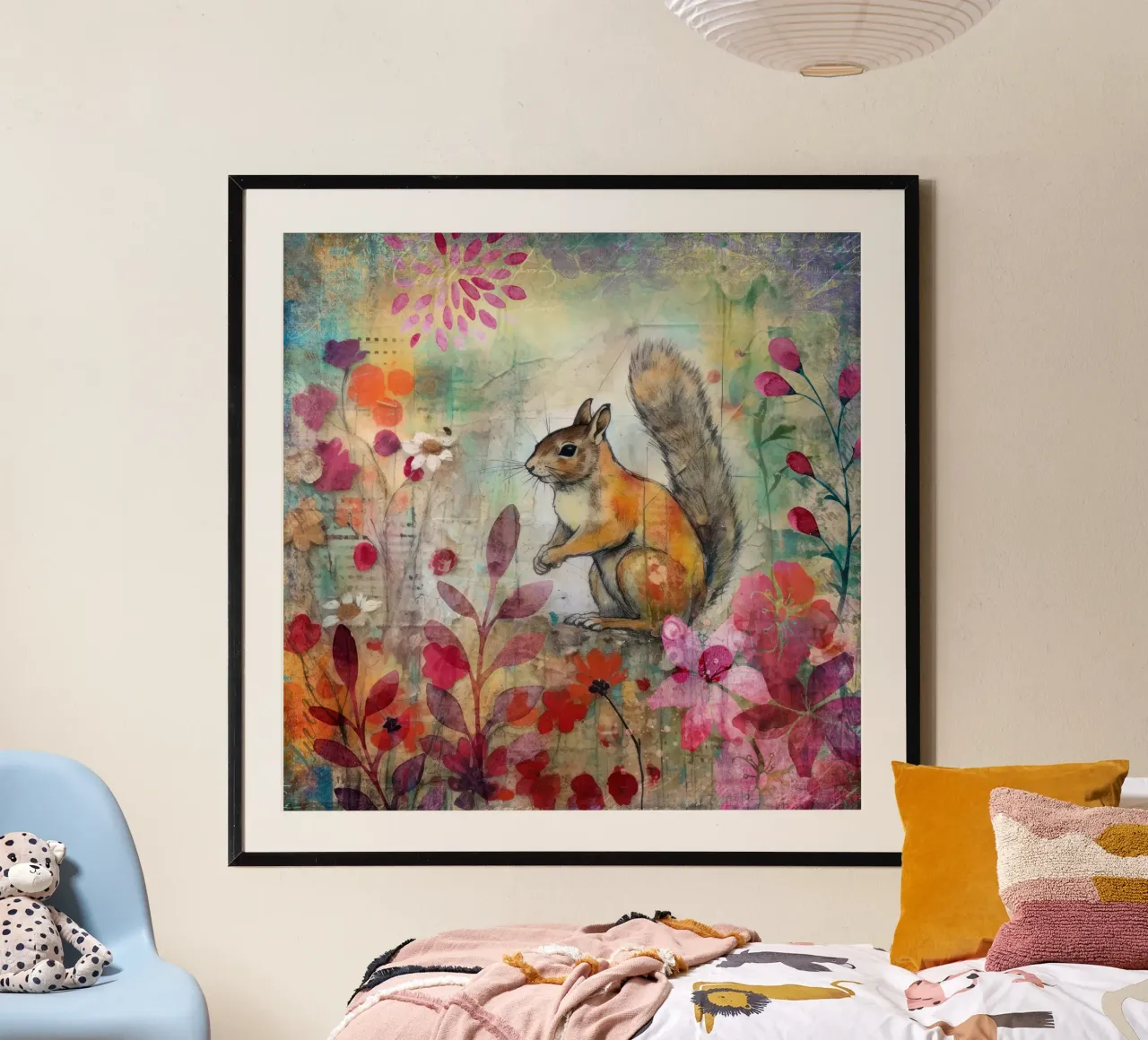 Scoiattolo Tarda estate fauna selvatica Colorful Mixed Media Art poster con telaio in alluminio da Andrea Haase Modern Home