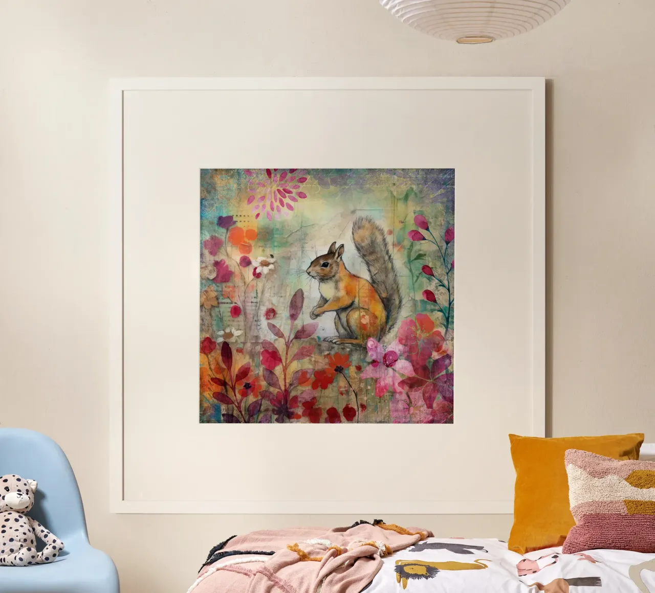 Scoiattolo Tarda estate fauna selvatica Colorful Mixed Media Art poster con telaio in alluminio da Andrea Haase Modern Home