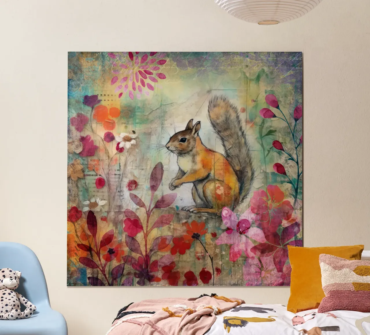 Scoiattolo Tarda estate fauna selvatica Colorful Mixed Media Art poster con telaio in alluminio da Andrea Haase Modern Home