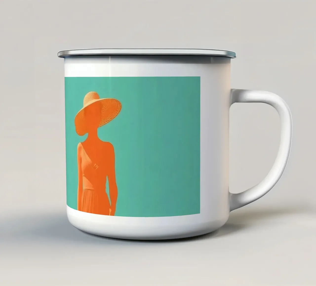 Donna in abito estivo e cappello in piedi tazza in smalto da DesignDoodle