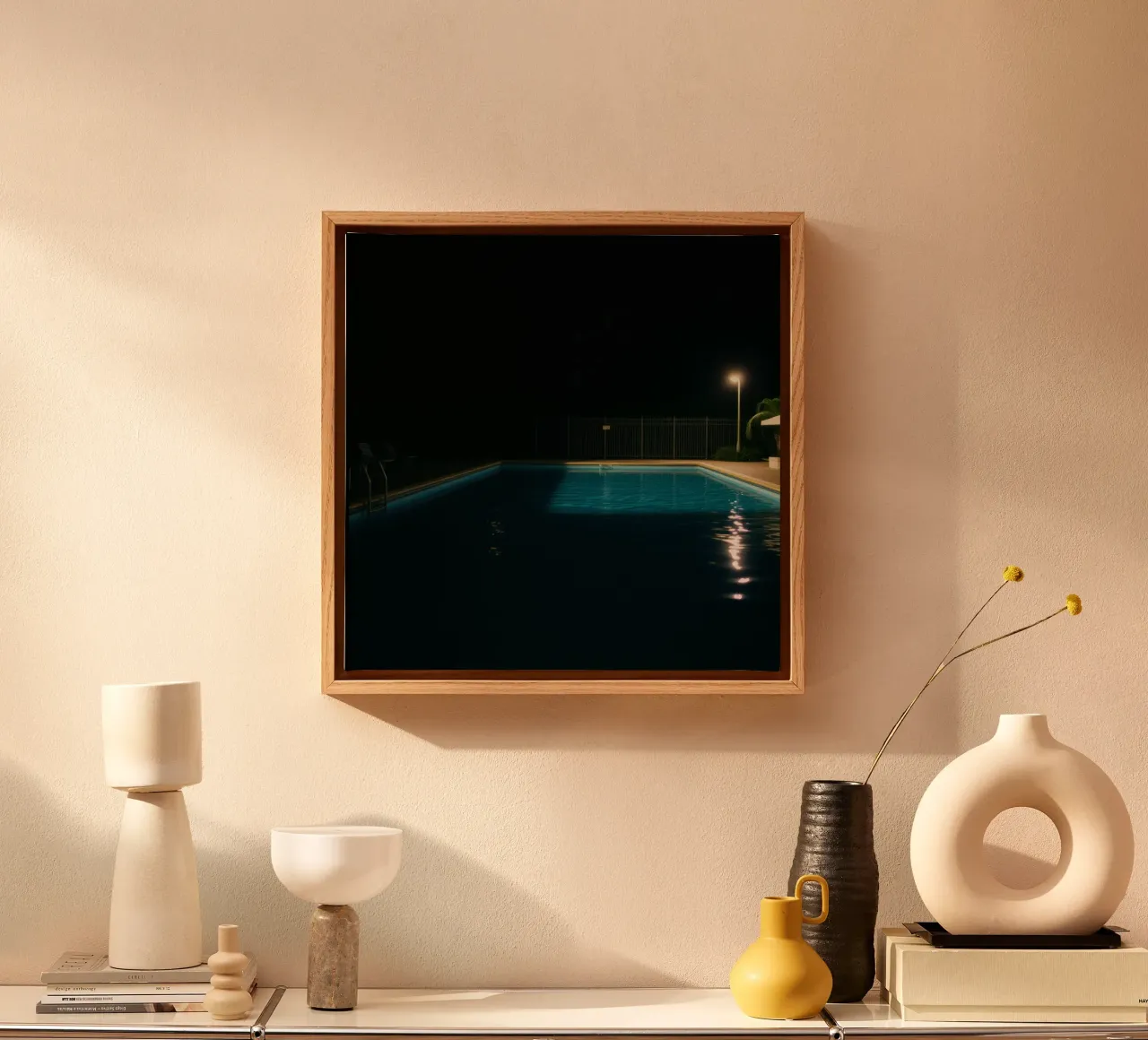 Tranquil night by the illuminated swimming pool reflication canvas with Floater frame by DesignDoodle