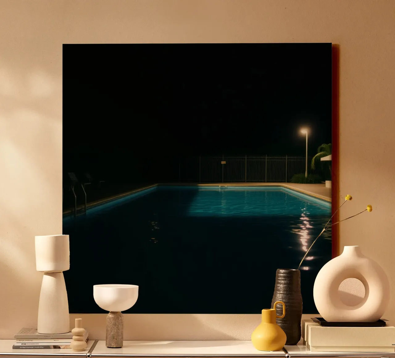 Tranquil night by the illuminated swimming pool reflication canvas with Floater frame by DesignDoodle