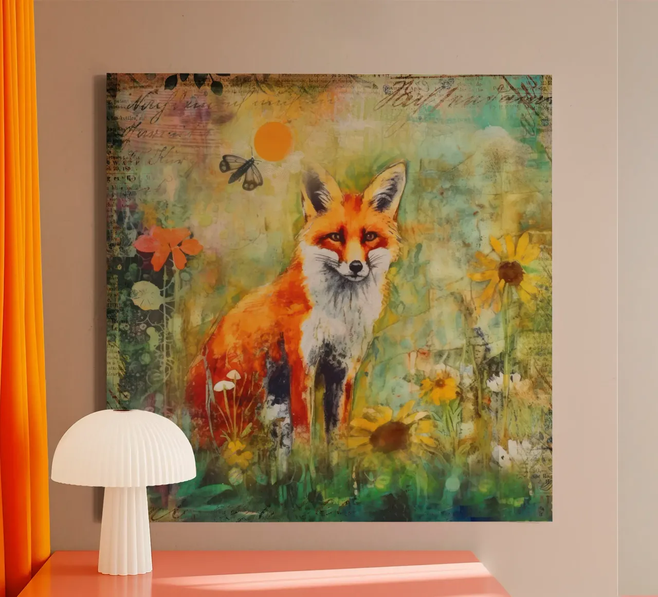 Fuchs Spätsommer Wildtiere Bunte Mischtechnik Kunst Leinwand mit Schattenfugenrahmen von Andrea Haase Modern Home