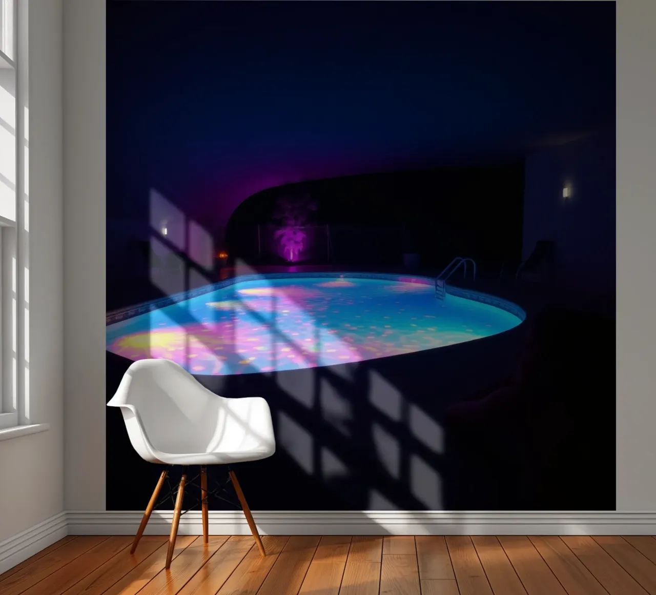 light reflections around a swimming pool in a cozy night photo wallpaper by DesignDoodle