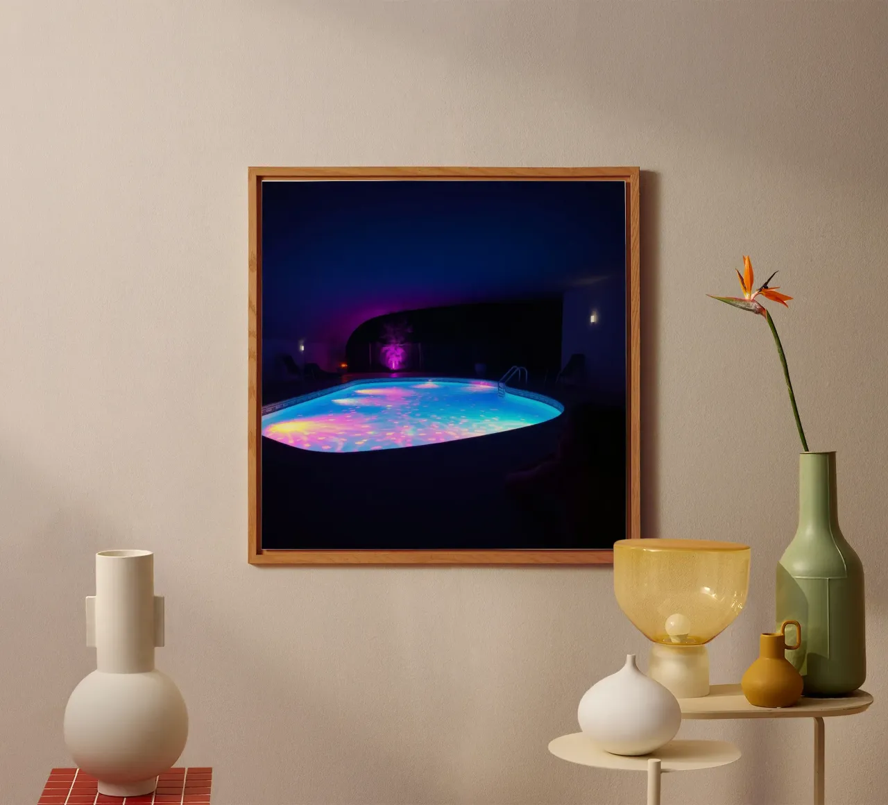 riflessi di luce intorno ad una piscina in una notte accogliente alluminio dibond da DesignDoodle