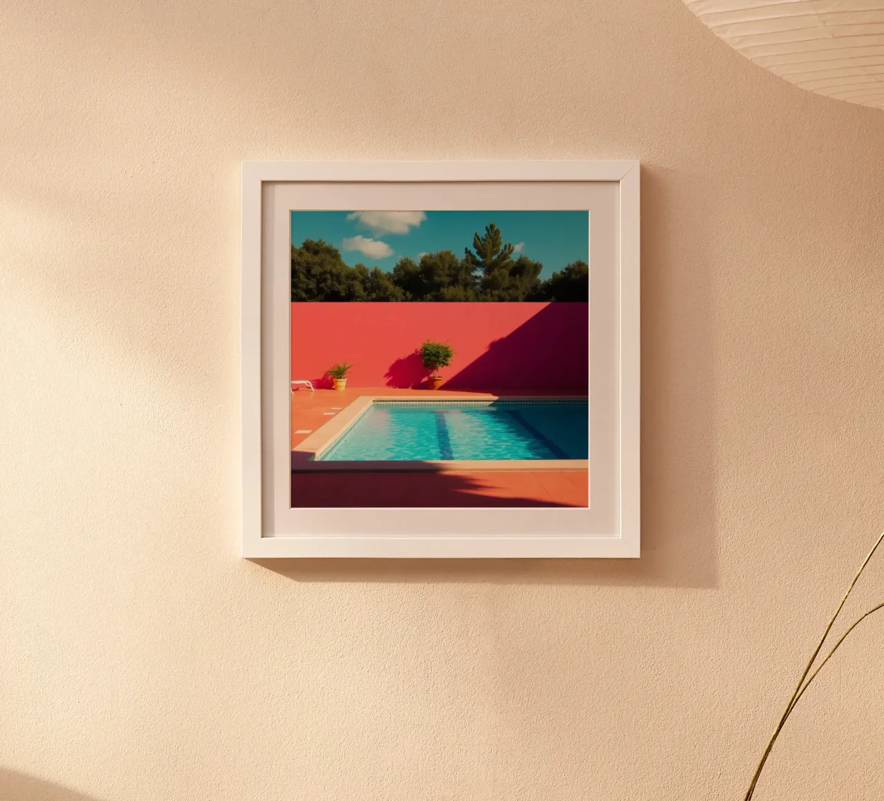Piscine bleu vif entourée de verdure et d'un mur rose poster avec cadre en aluminium de DesignDoodle