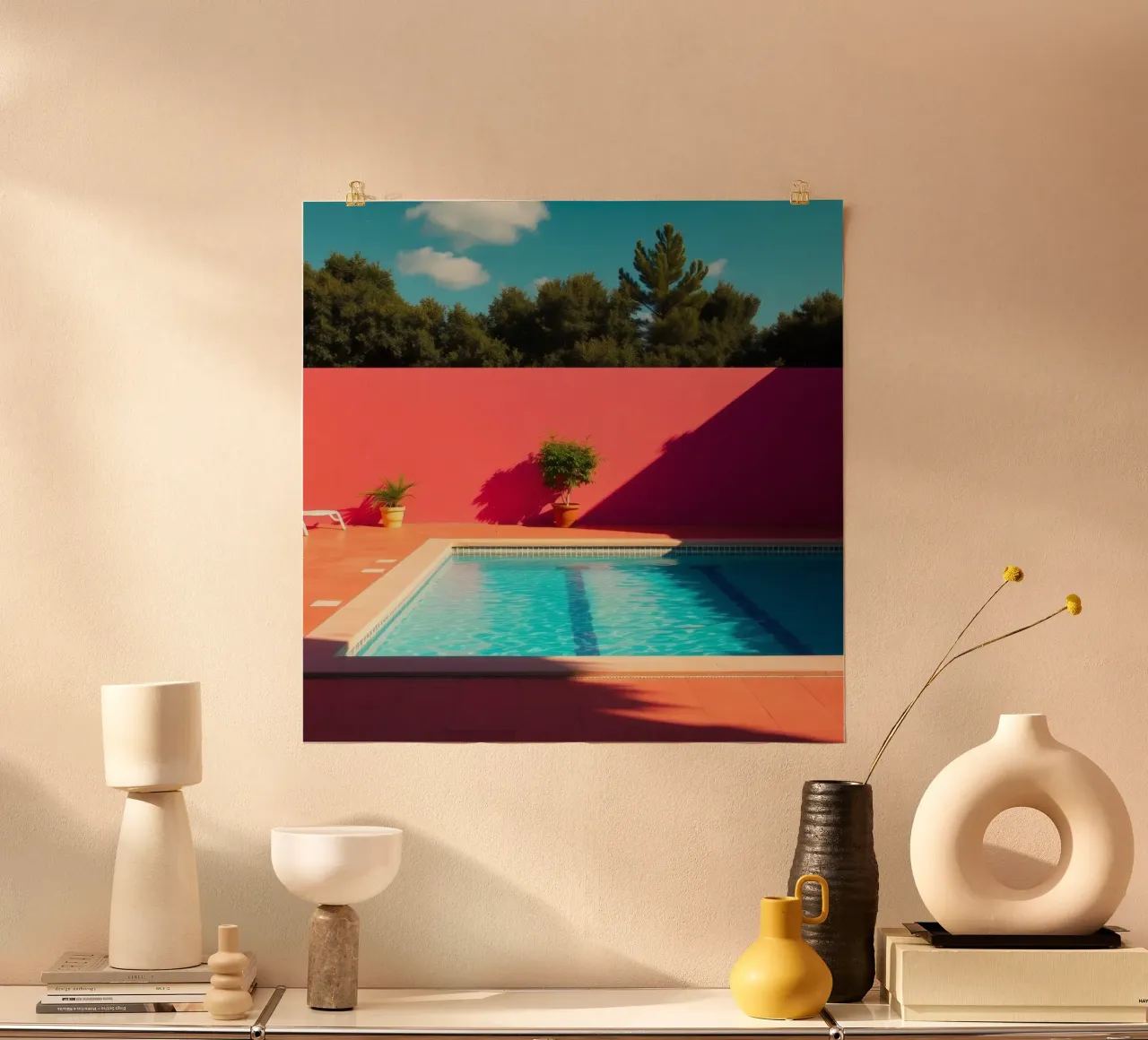 Piscine bleu vif entourée de verdure et d'un mur rose poster avec cadre en aluminium de DesignDoodle
