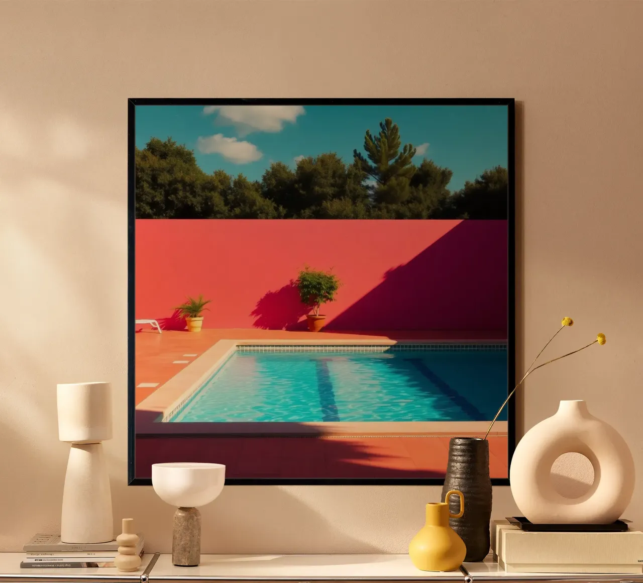 Piscine bleu vif entourée de verdure et d'un mur rose poster avec cadre en aluminium de DesignDoodle
