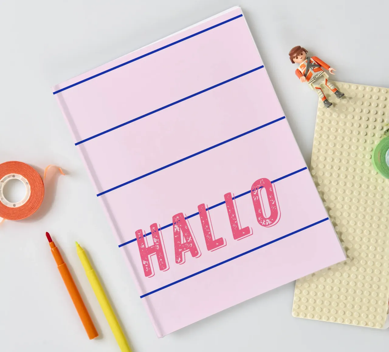 Blue thin lines on pink, Hello personalisable notebook by All Colours