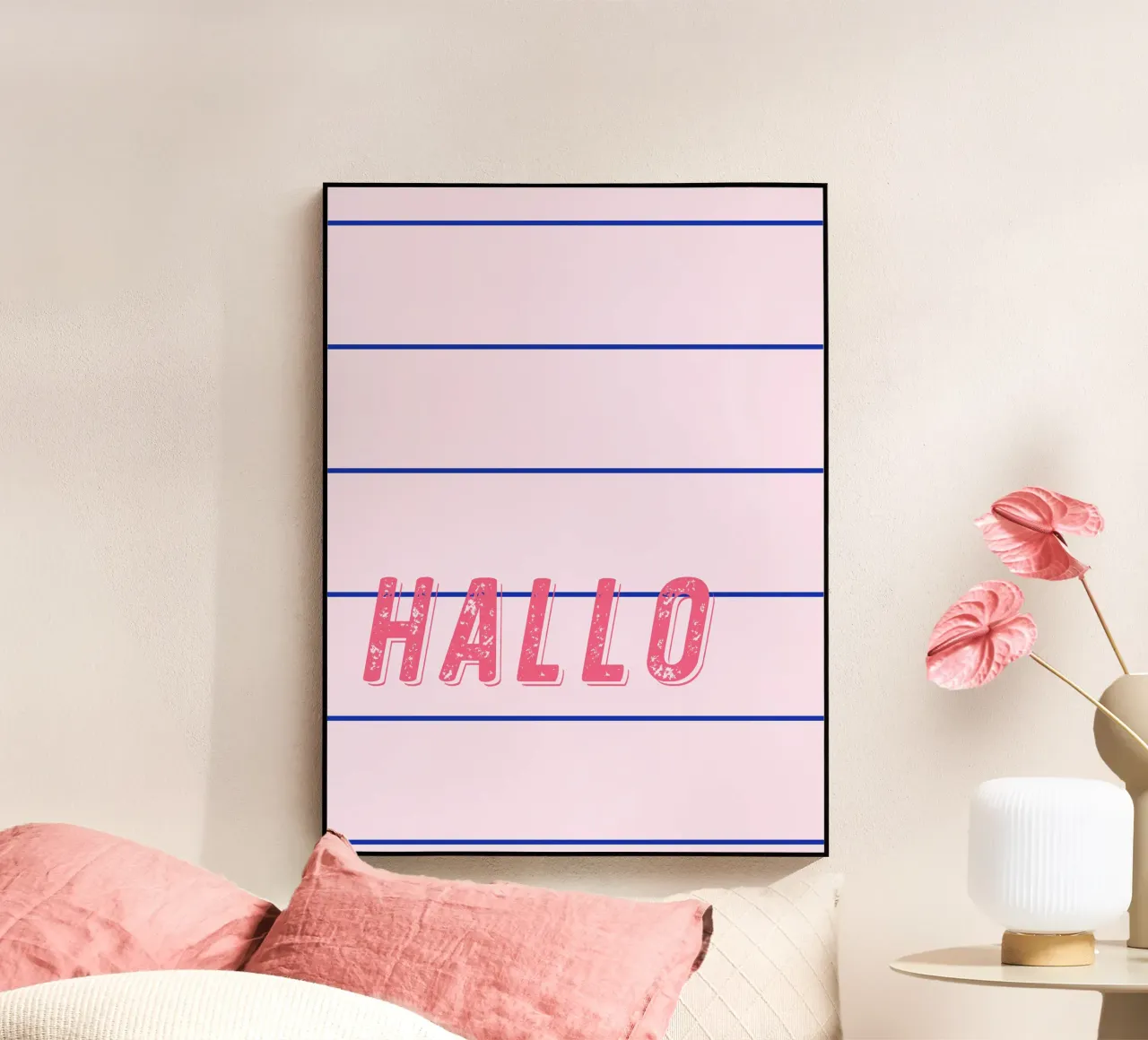 Linee sottili blu su rosa, Hello personalizzabile plexiglass da All Colours