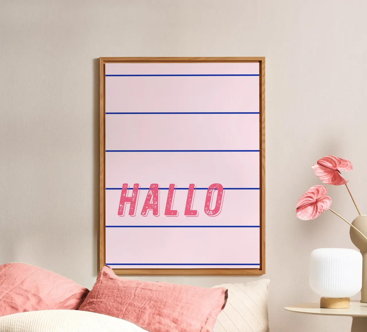 Linee sottili blu su rosa, Hello personalizzabile alluminio dibond da All Colours