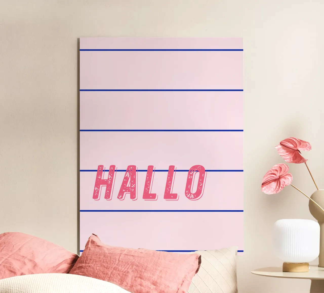 Linee sottili blu su rosa, Hello personalizzabile alluminio dibond da All Colours