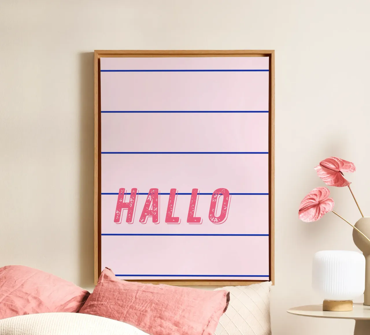 Linee sottili blu su rosa, Hello personalizzabile tela da All Colours
