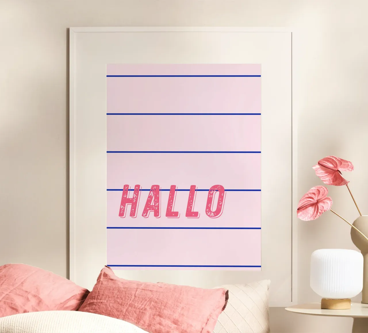 Linee sottili blu su rosa, Hello personalizzabile carta hahnemühle da All Colours